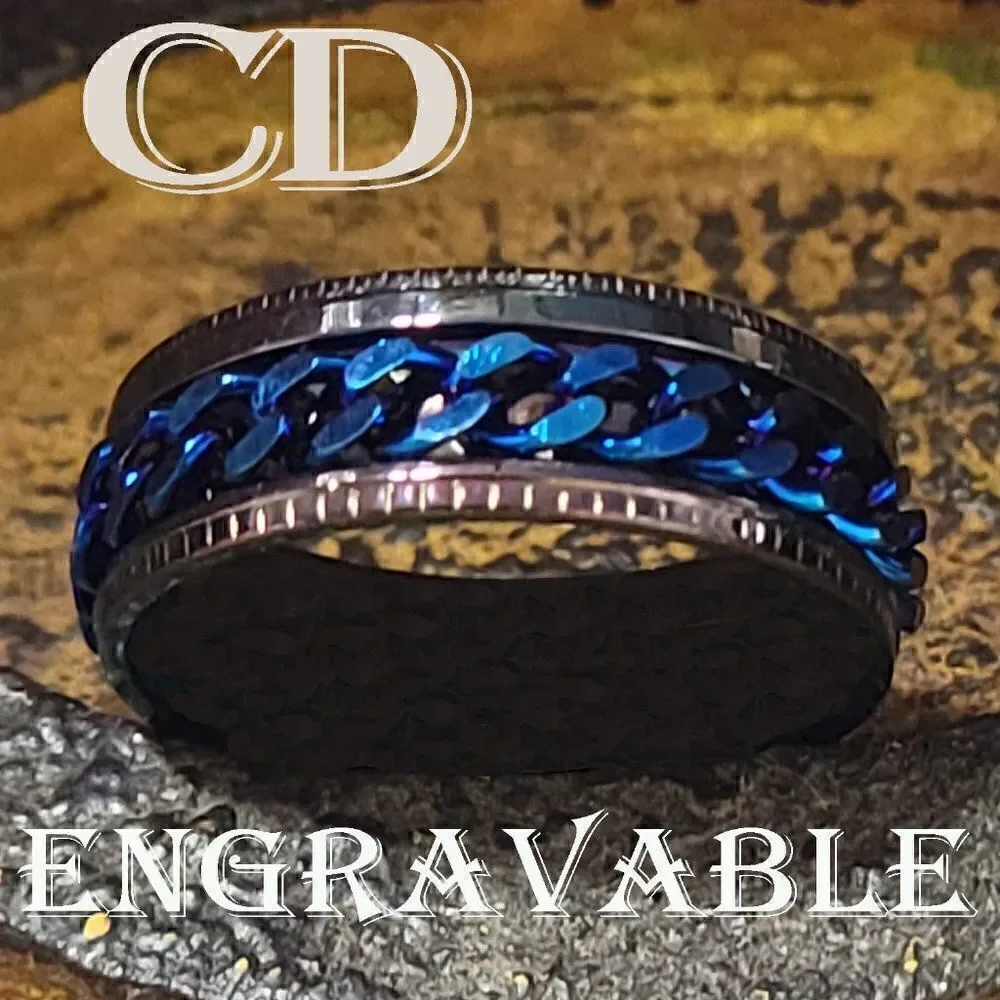 Men's Blue Chain Spinner Promise Ring - Guy's Fidget Ring - Anxiety Ring For Men